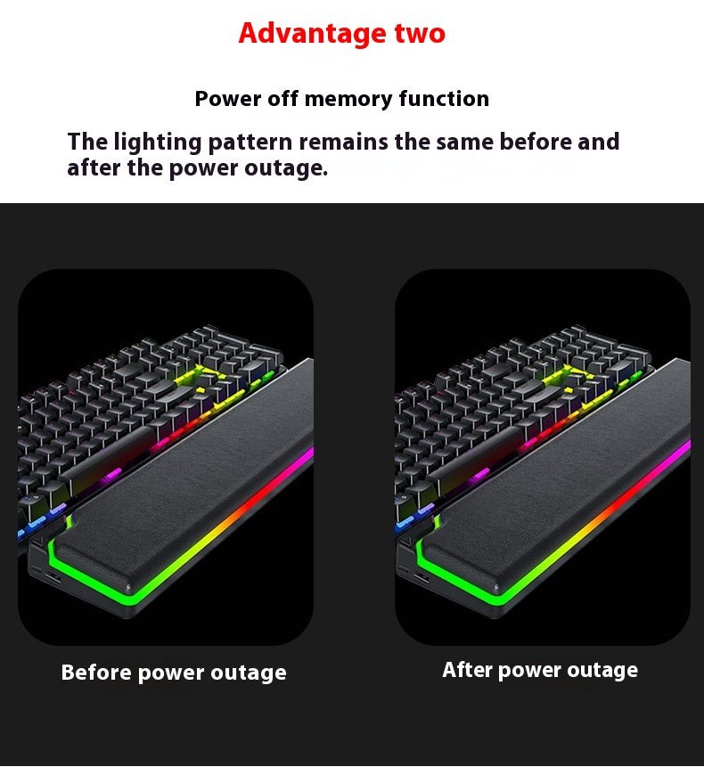 Comparison of a keyboard's lighting pattern before and after a power outage with text explaining the power-off memory function.