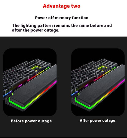 Comparison of a keyboard's lighting pattern before and after a power outage with text explaining the power-off memory function.