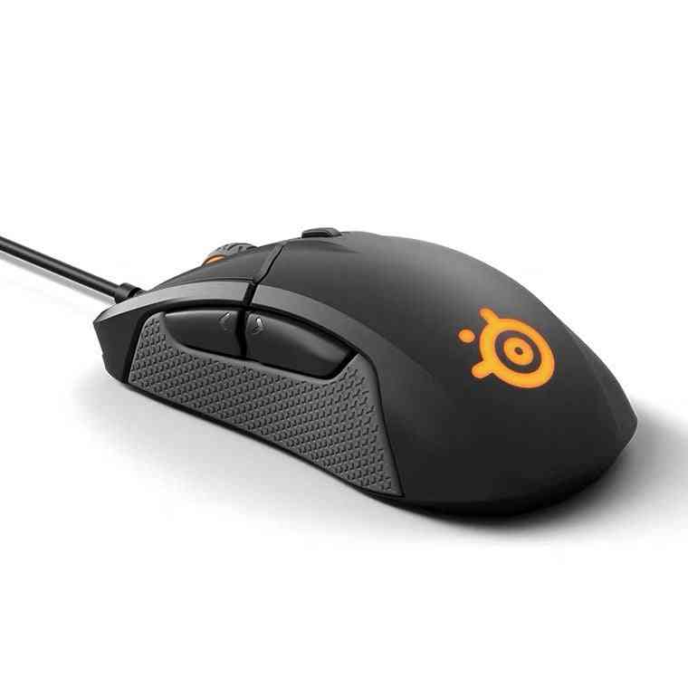 Black gaming mouse with orange logo on a white background