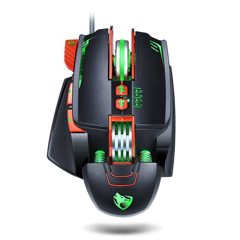 Gaming mouse with green and red accents on a white background