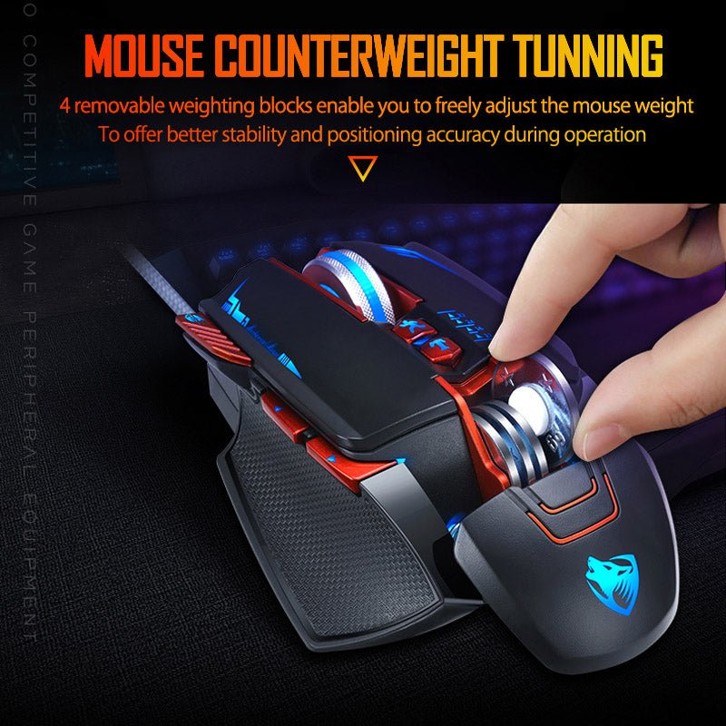 Gaming mouse with weight adjustment mechanism on a dark background