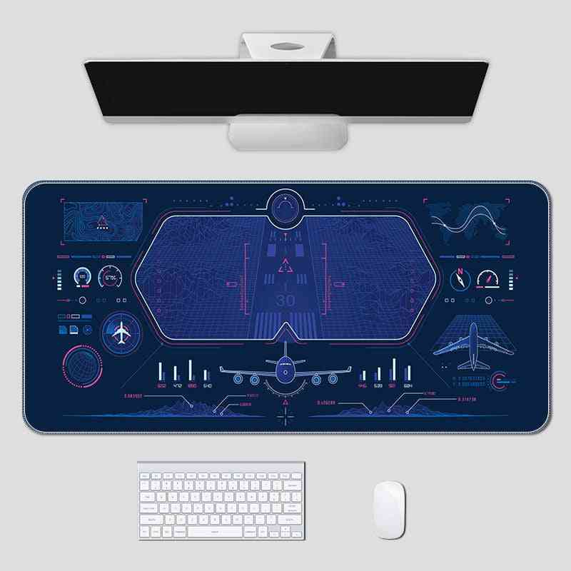Futuristic desk setup with a large mouse pad featuring aviation-themed design, keyboard, and mouse on a white background.