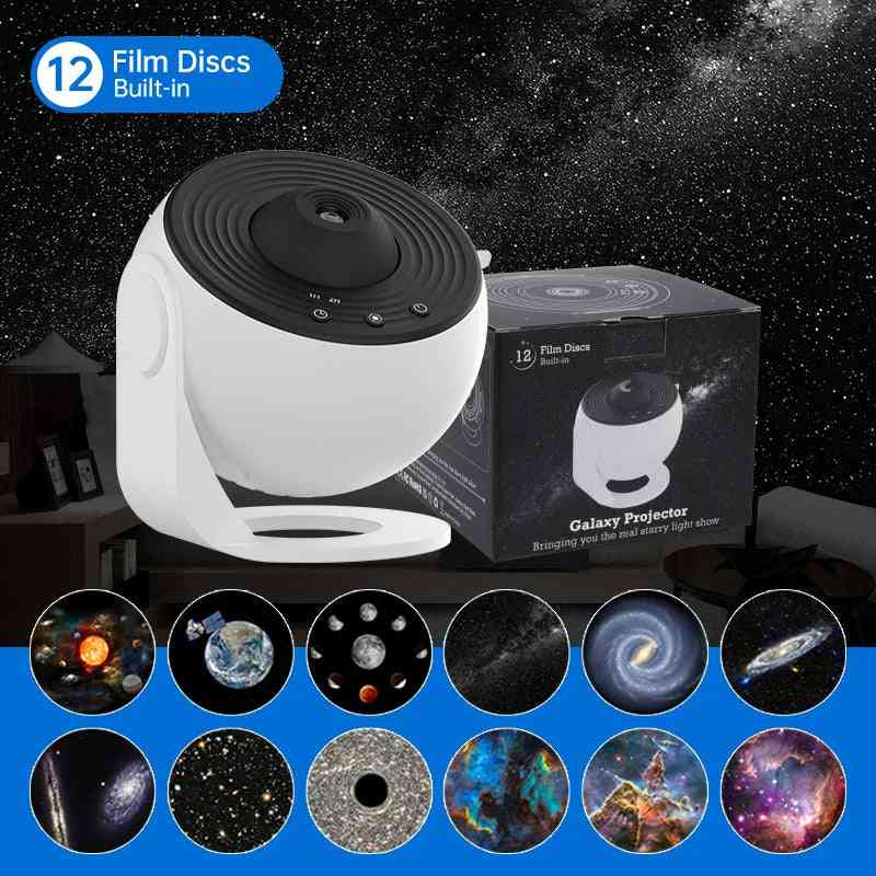 Galaxy projector with packaging and displayed star system images against a starry night sky background.