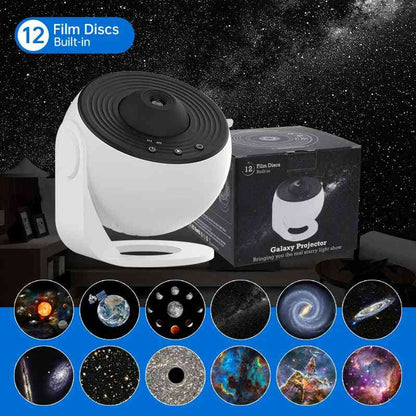 Galaxy projector with packaging and displayed star system images against a starry night sky background.