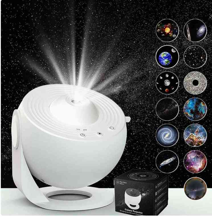 White galaxy projector with starry sky display on a black background