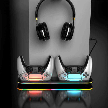 Gaming headsets and controllers with RGB lighting on a dark background
