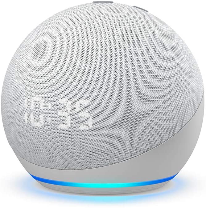 Smart speaker with digital clock display on a white background