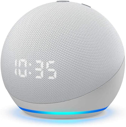 Smart speaker with digital clock display on a white background