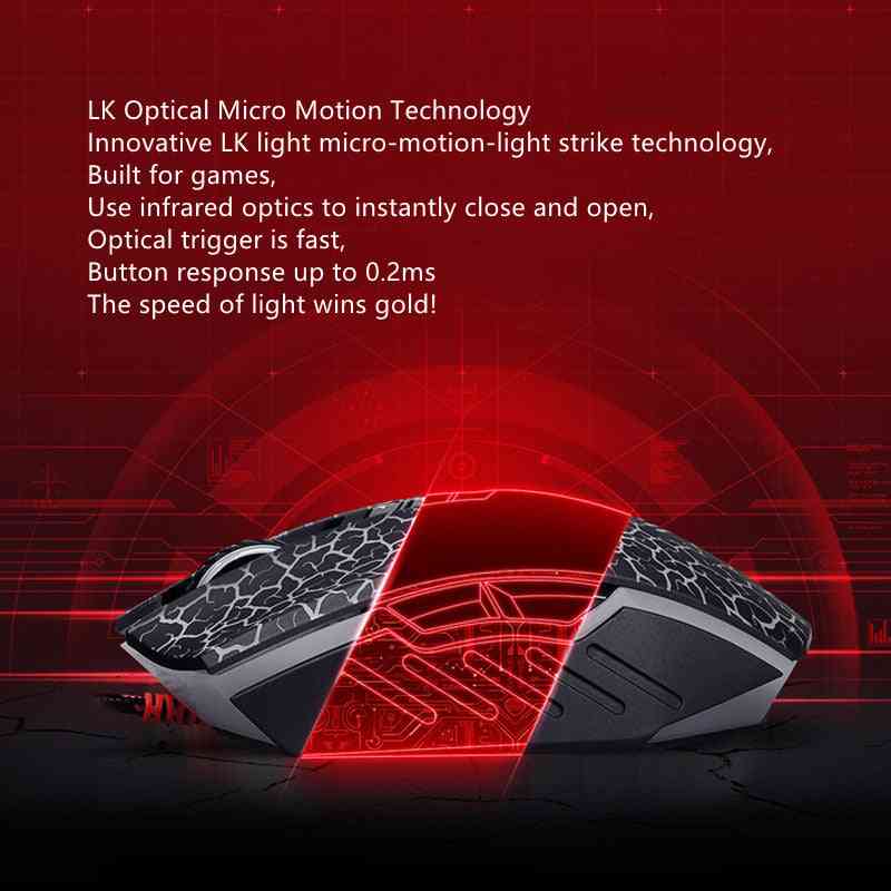 Gaming mouse with LK Optical Micro Motion Technology on a red background