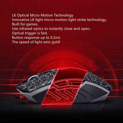 Gaming mouse with LK Optical Micro Motion Technology on a red background