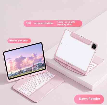Pink tablet with keyboard and screen rotation features on a light pink background