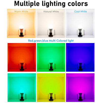 Lighting color options including warm white, natural white, cool white, red, green, blue, and multicolored light.