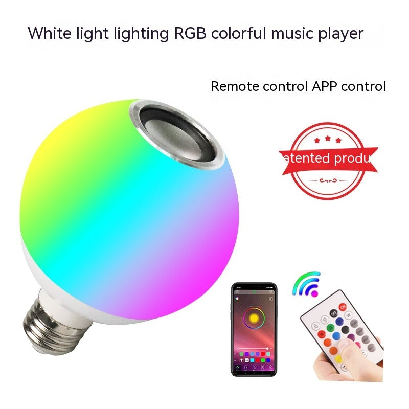 Colorful LED light bulb with remote control and app interface on a white background