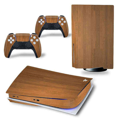 Wooden-themed gaming console and controllers on a white background