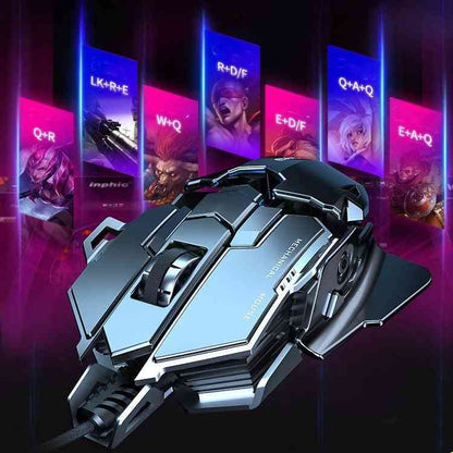 Gaming mouse with illuminated buttons in front of colorful game character portraits
