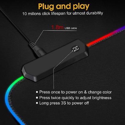 Black USB cable with RGB lighting on a black background, featuring text about plug-and-play functionality and cable specifications.