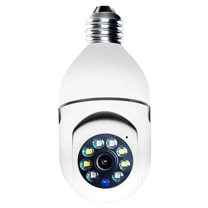 White security camera designed like a light bulb on a white background