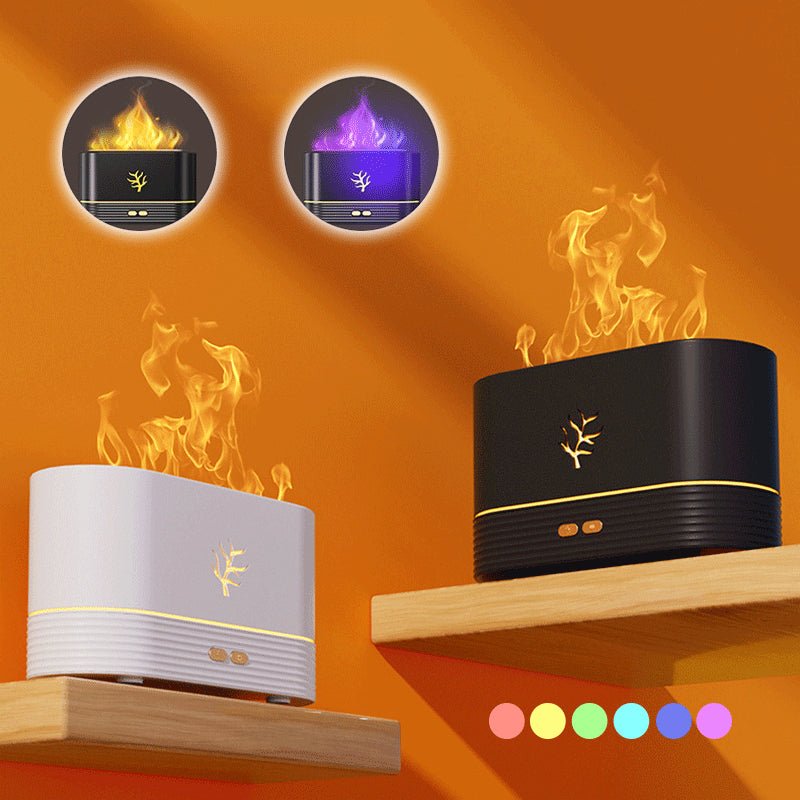 Two flame-shaped diffusers on wooden shelves with an orange background