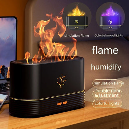 Black humidifier with flame simulation and colorful mood lights on a wooden surface.