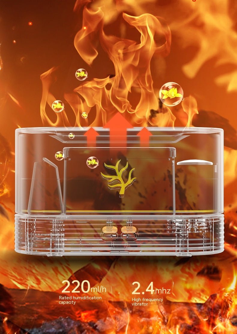 Clear electronic device with flame effects and text on a fiery background