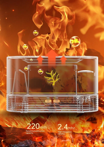 Clear electronic device with flame effects and text on a fiery background