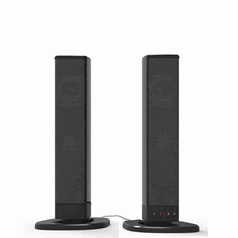 Pair of black tall speakers on a white background