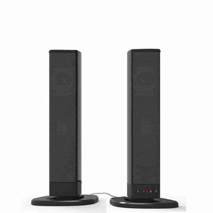 Pair of black tall speakers on a white background