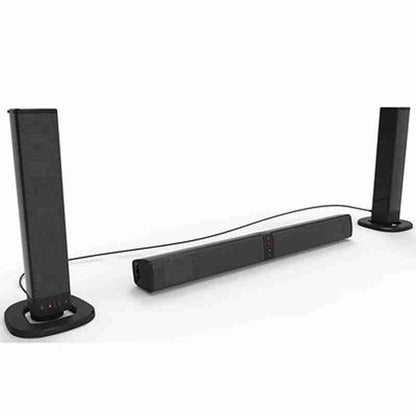 Black soundbar with two side speakers on a white background