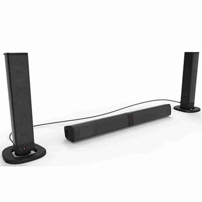 Black soundbar with two side speakers on a white background