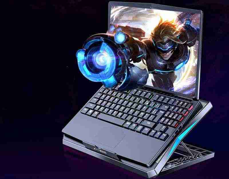 Gaming laptop with a character on the screen against a dark background
