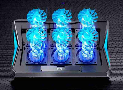 Three glowing blue fans on a black background