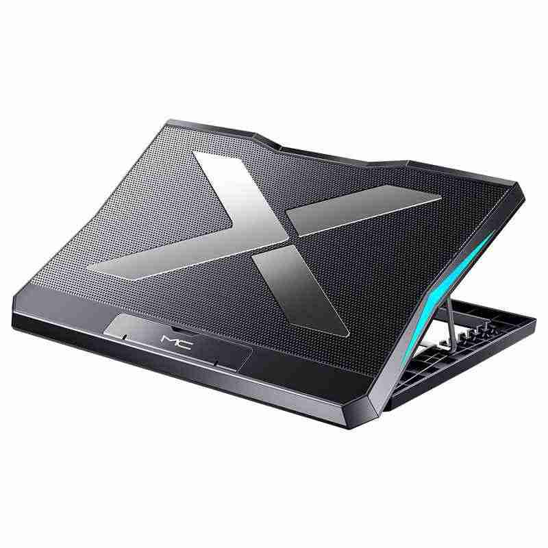 Black laptop cooling pad with a prominent 'X' design on a white background