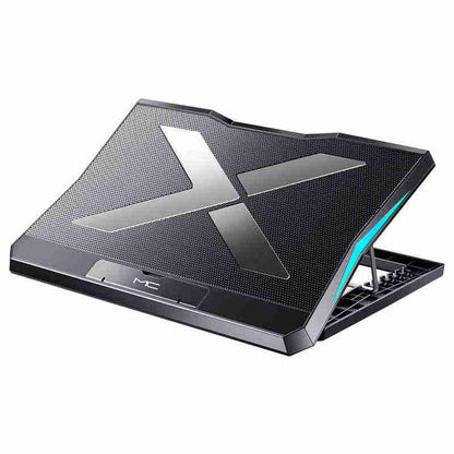 Black laptop cooling pad with a prominent 'X' design on a white background