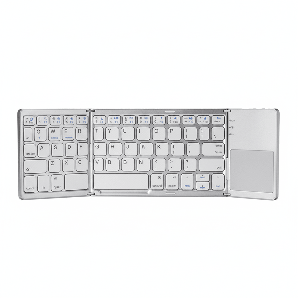 A silver, foldable wireless keyboard with white keys and a built-in trackpad on the right side, shown against a plain white background.