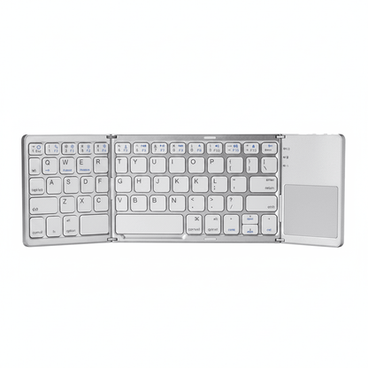 A silver, foldable wireless keyboard with white keys and a built-in trackpad on the right side, shown against a plain white background.
