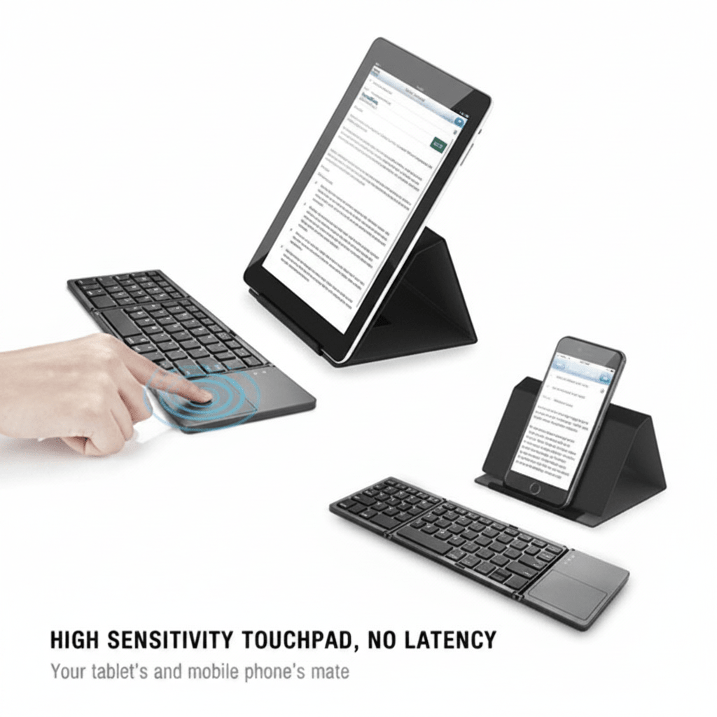 Black wireless tablet and phone keyboard set with built-in kickstands, shown with a tablet, a phone, and a hand touching the keyboard's touchpad. Text at the bottom reads 'HIGH SENSITIVITY TOUCHPAD, NO LATENCY' and 'Your tablet's and mobile phone's mate'.