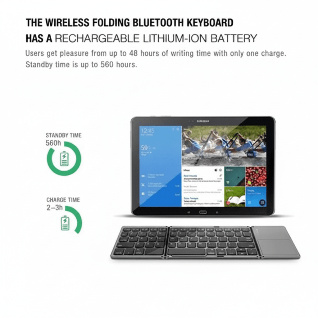 Samsung tablet with a foldable wireless Bluetooth keyboard and a rechargeable lithium-ion battery, shown on a white background with marketing text and battery life icons.