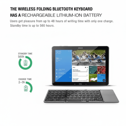 Samsung tablet with a foldable wireless Bluetooth keyboard and a rechargeable lithium-ion battery, shown on a white background with marketing text and battery life icons.