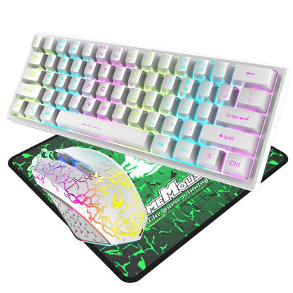 Mechanical keyboard with RGB lighting on a mouse pad featuring a colorful design.