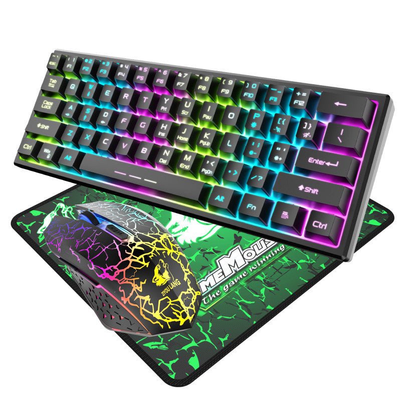 Gaming keyboard with RGB lighting on a green mouse pad featuring a logo.