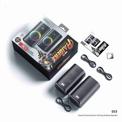 Assault Gaming Series Gaming Desktop Speaker set with packaging and accessories on a white background