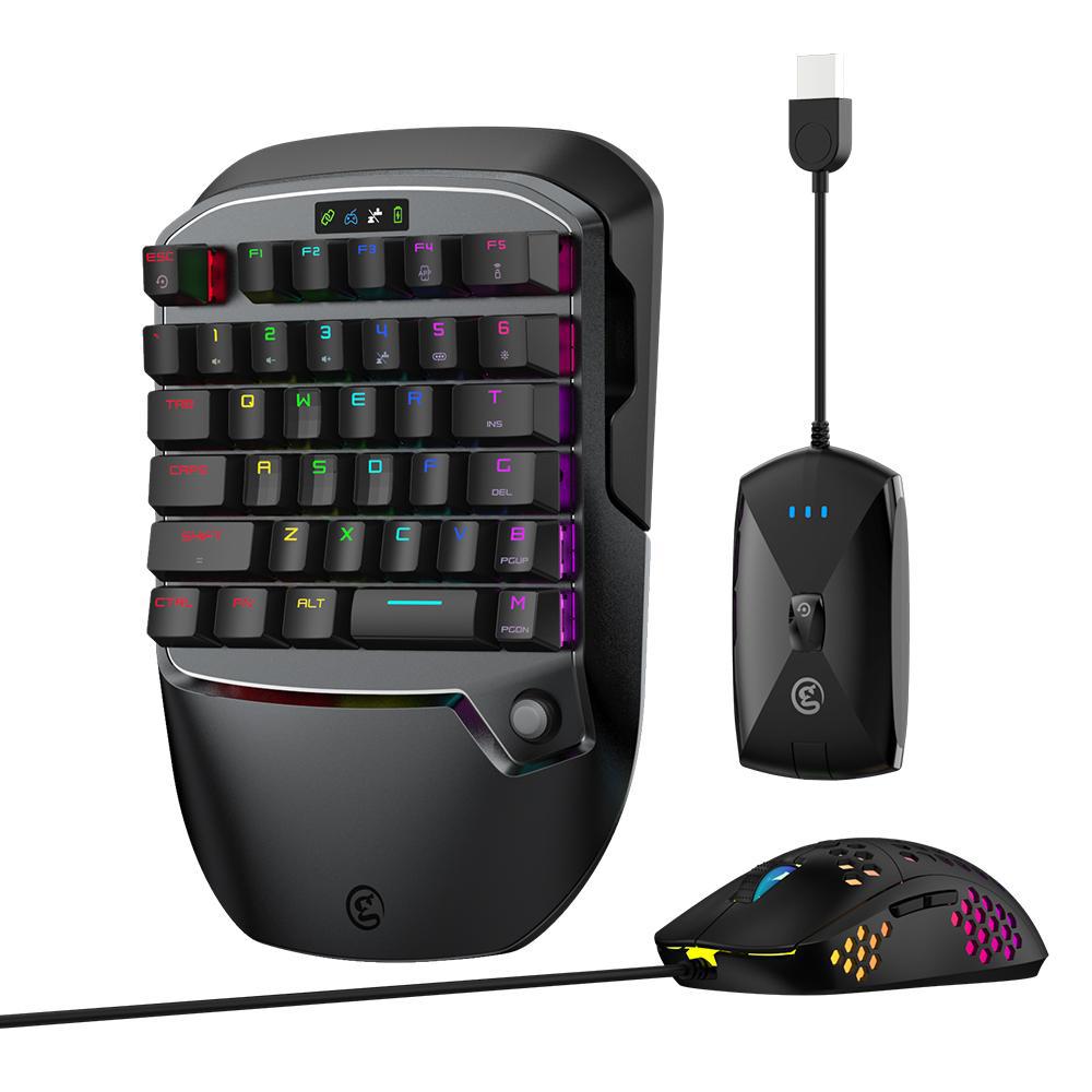 Black gaming keyboard and mouse set with RGB lighting on a white background