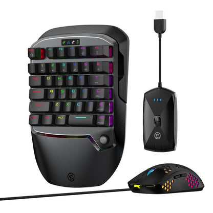 Black gaming keyboard and mouse set with RGB lighting on a white background