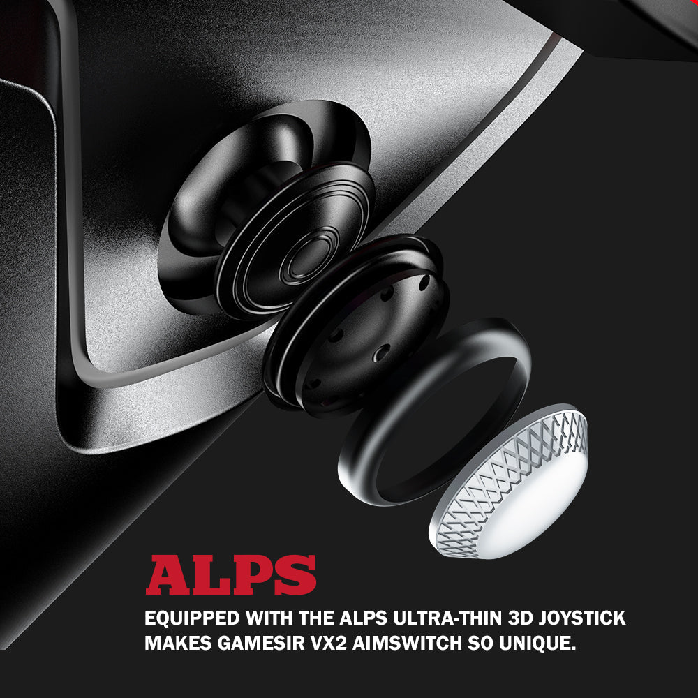 Close-up of a joystick with ALPS branding on a black background