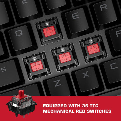 Close-up of a keyboard with red mechanical switches and a red switch on display.