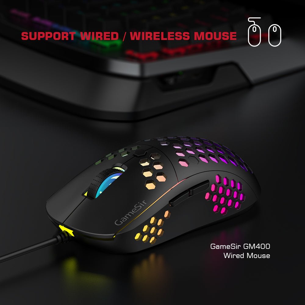 Gaming mouse with RGB lighting on a dark surface, featuring GameSir branding.