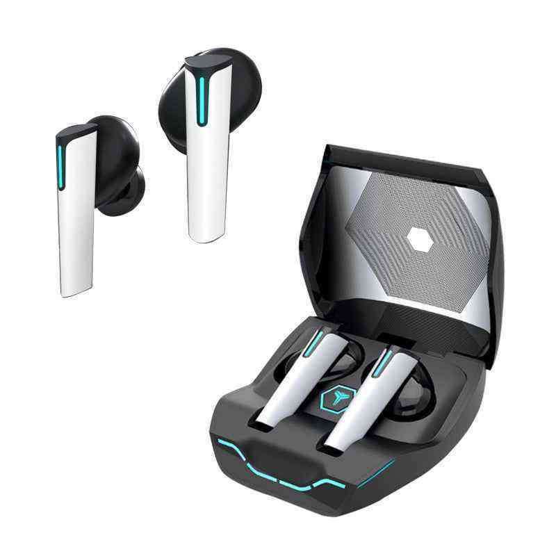 Wireless earbuds with charging case on a white background