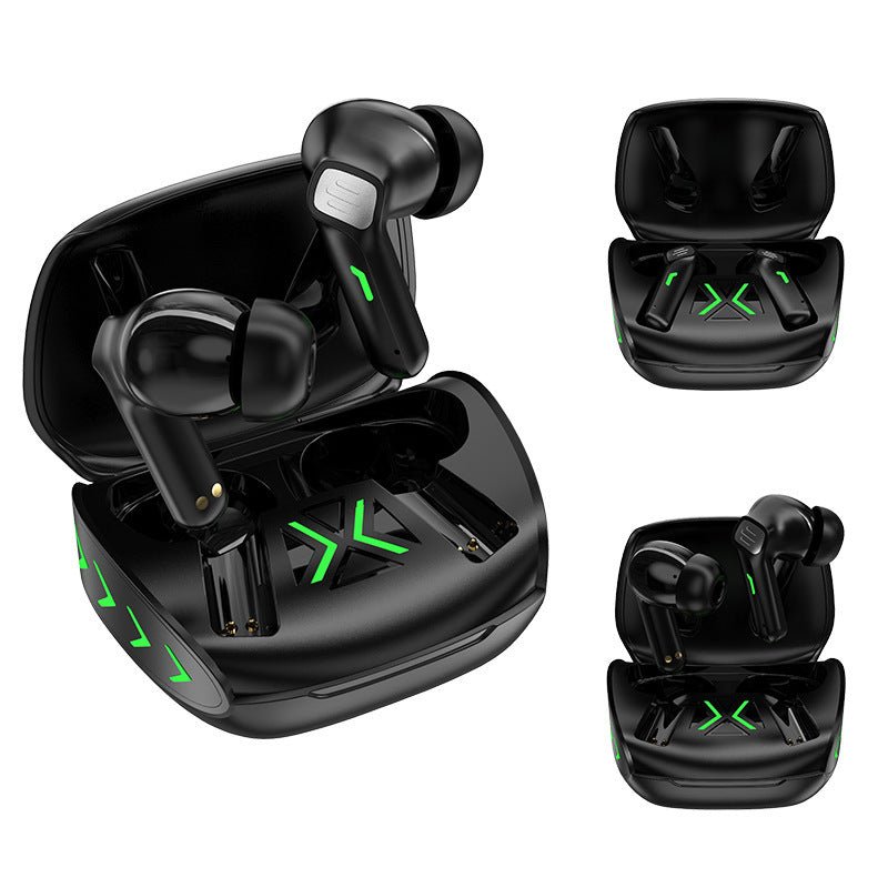 Black wireless earbuds with green accents in open and closed cases on a white background