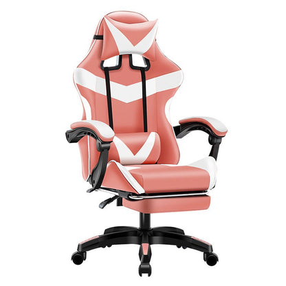 Pink and white gaming chair with black accents on a white background