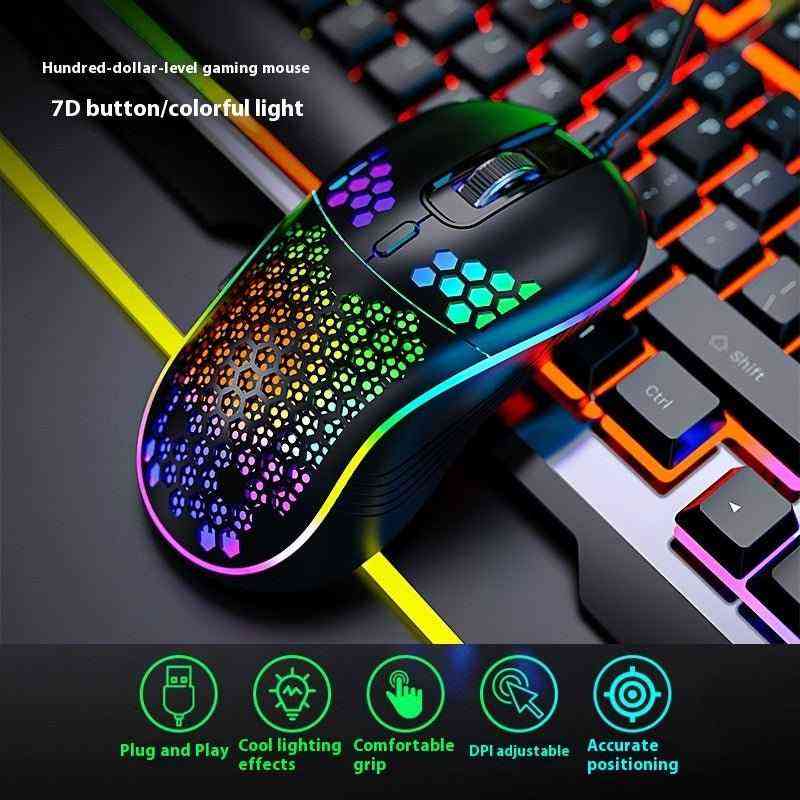 Gaming mouse with colorful lighting on a keyboard, featuring text and icons about mouse features.